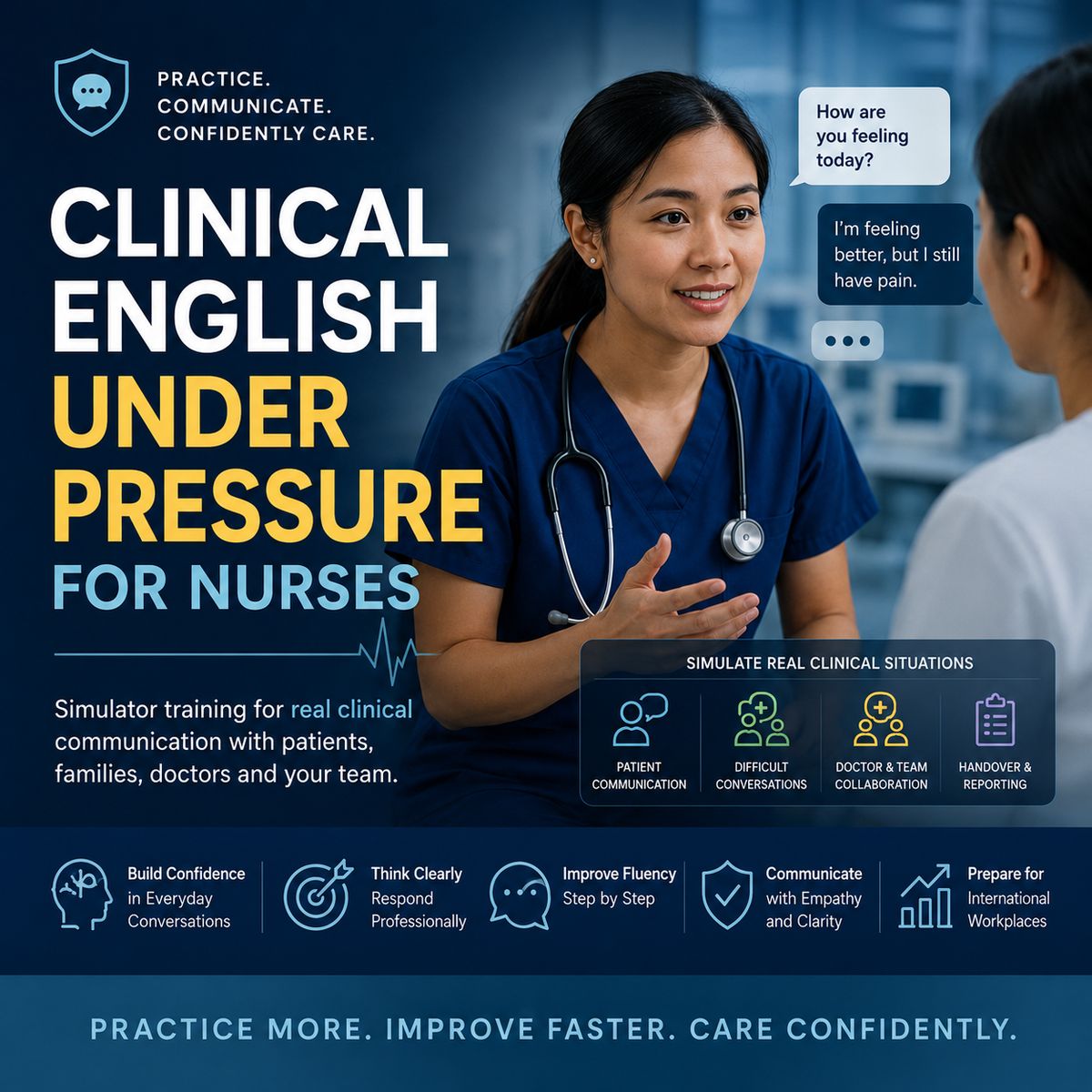 Nurse practicing a simulated patient conversation in the Clinical English Under Pressure simulator, covering patient communication, difficult conversations, doctor and team collaboration, and handover and reporting